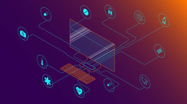 Çizgiler bilgisayardan tıbbi simgelere gidiyor. Sağlık hizmetleri kavramı. Teletıp. Online tanı ve tedavi. İzometride vektör illüstrasyonu.