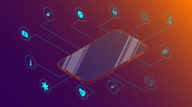 Online tıbbın farklı bir konsepti. Telefonundaki uygulamayı kullanarak danışmanlık ve tedavi. Tıbbi araçlar ve uyuşturucular konusunda bir dizi simge.