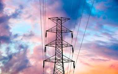 High voltage transmission lines on cloud and sky, sunrise period clipart