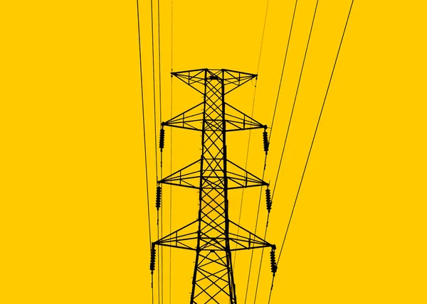 High voltage transmission lines isolated on orange sky, sunrise — Stock Photo, Image