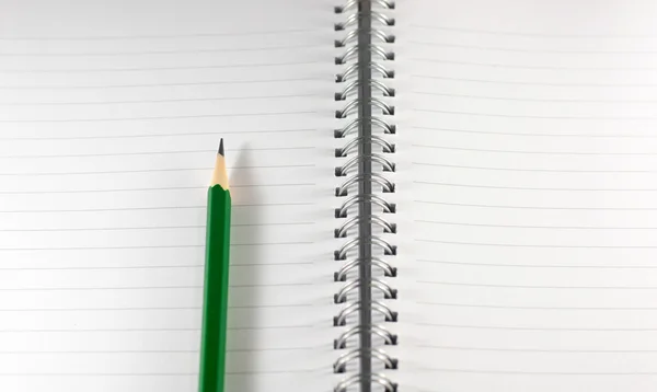 The empty notebook with green pencil, ready to note or work Stock Photo