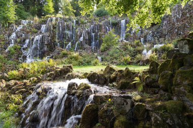 Taş oluşumlu güzel bir şelale ve yağmur ormanlarındaki bir dağda bitkiler..