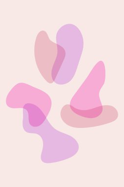 Şekilsiz benekleri olan soyut bej bir poster dekorasyon için duvar afişi iç tasarım. Basit minimalist poster. Pembe, mor kaplama noktalarına sahip arka plan, oval şekilli trend vektör tasarımı.