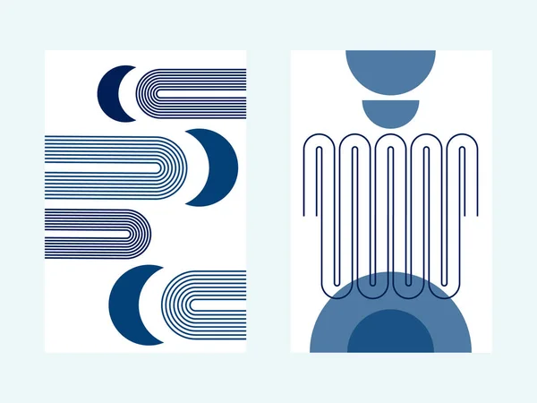 İç duvar posterleri için soğuk kış mavisi renkleriyle boho kemerli, ay ve yarı daireli bir çift soyut poster. Boho kemeri minimalist bir tarzda. Koleksiyon - iki minimalist pankart.