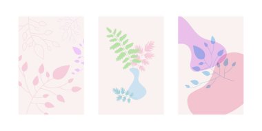 Basit şekilli, bitki elementli, yapraklı dallı soyut posterler. Pembe minimalist duvar posterleri. Basit bir koleksiyon, üç tane minimalist afiş. Renkler - pembe, mavi, mor.