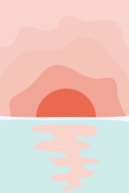 Deniz, okyanus ya da nehir ya da göl üzerinde gün doğumu olan minimalist tarzda manzara posteri. Doğa afişi düz boho tarzında. Soyut sanatın vektör görüntüsü, gün batımının su üzerindeki manzarası..