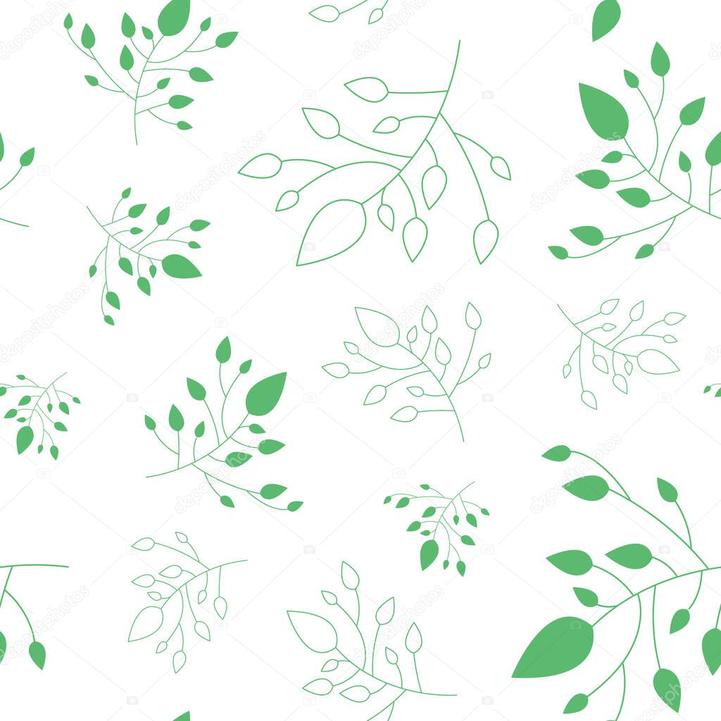 Simple spring seamless pattern with green leaves with strokes and fills. Herbal background. Spring texture with green leaves, can be used for fabric, for wrapping paper, for cover. Green organic print