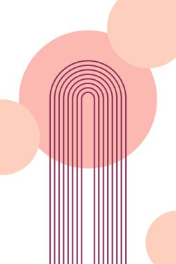 Sıcak sonbahar renklerinde boho kemerleri ve daireleri olan soyut bir poster. İç duvar posteri. Şeftali kemeri, minimalist tarzda. Basit minimalist bayrak, iç tasarım, moda, modern tarz için.