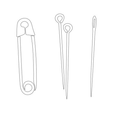 Dikiş için küçük elementler, iğneler ve iğneler. Beyaz arka planda izole edilmiş hisse senedi elemanları koleksiyonu. Doğrusal dikiş öğeleri, dikiş atölyesi konsepti. Siyah çizgili bireysel nesneler