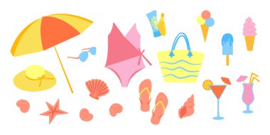 Yaz eşyaları seti. Yaz tatili için beyaz arka planda izole edilmiş parlak elementler. Çıkartmalar için, kartlar için, yaz günü için, klip koleksiyonu için basit düz tasarım. Tatiller için biçimlendirilmiş nesneler