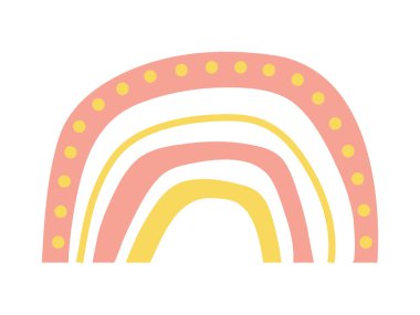 El çizimi minimalist boho gökkuşağı. Bebek kartları ve posterler için sevimli gökkuşağı. Stok vektör illüstrasyonu beyaz arkaplanda izole edildi. Bebek odası ve oyun odası için Boho çocuk odası gökkuşağı baskısı