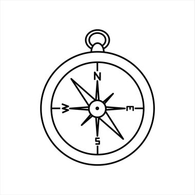 Doğrusal siyah beyaz pusula simgesi. Etiket, sembol ya da işaret olarak kullanılabilir. Beyaz arka planda izole edilmiş basit hisse senedi vektör çizimi. Yön bulma, yürüyüş, seyahat ve yürüyüş için pusula.