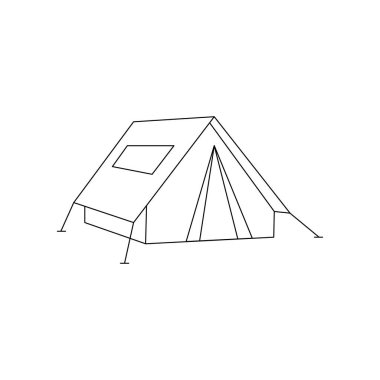 Doğrusal siyah beyaz çadır simgesi. Beyaz arka planda izole edilmiş basit hisse senedi vektör çizimi. Yürüyüş ve seyahat için çadır. Doğadaki vahşi yaşam için ana çadır. Etiket, sembol, işaret olarak kullanılabilir
