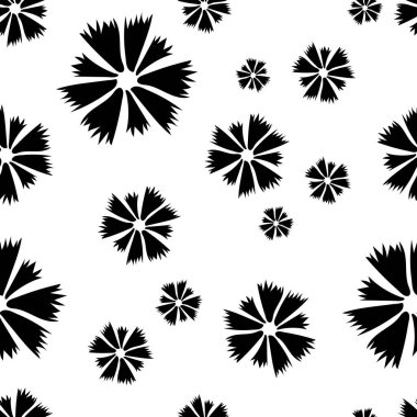 Siyah çiçeklerin dikişsiz deseni, soyut doku, vektör çiçek deseni. Kusursuz siyah beyaz desen - kağıt, kumaş, tekstil, çiçek arkaplanı, minimalist duvar kağıdı için