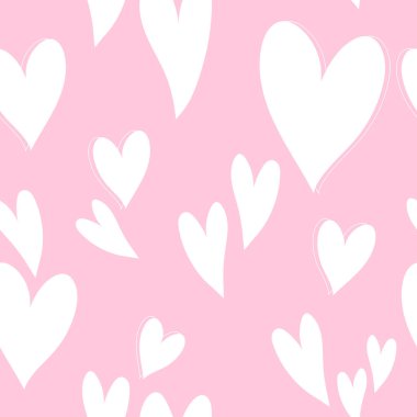Şirin pembe kalp deseni, romantik baskı. Aşk dokusu, sevgililer günü için kusursuz desen - beyaz kalpli romantik duvar kağıdı, basit pembe arka plan, ambalaj kağıdı, kumaş, tekstil için