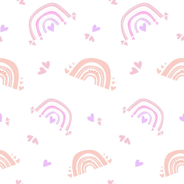 ピンクの虹のかわいいシームレスなパターン 北欧スタイル 子供の印刷 パステルカラー Booプリント かわいい虹の質感 保育園のための壁紙 赤ん坊の生地と織物のために — ストックベクタ