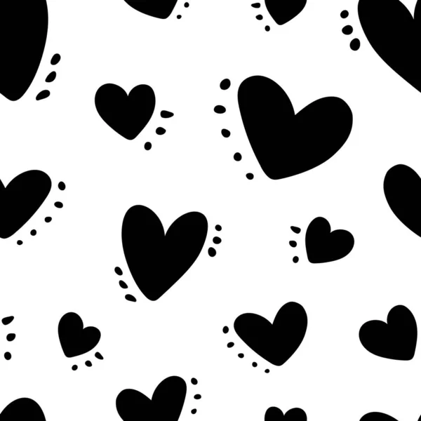 黒の心とスポット ドット 愛の質感 ロマンチックな印刷とかわいい赤ちゃんのパターン バレンタインデーのためのシームレスなパターン ファブリック テキスタイル かわいい心 シンプルな手描きの子供のプリント — ストックベクタ