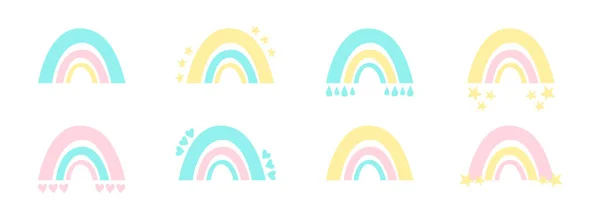 可爱的一组彩虹 有三种颜色 蓝色和粉色 幼稚园用简易弓形彩虹 婴儿用品 纺织品 儿童服装设计元件 带着心 雨滴的彩虹 — 图库矢量图片
