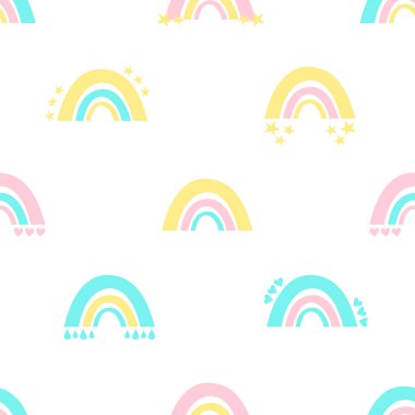 Pastel dikişsiz şirin bebek gökkuşağı deseni. İskandinav boho tarzı, çocuk baskısı, pastel renkler. Boho baskısı, şeker renkli gökkuşağının bebek odası dokusu. Bebek kumaşı ve tekstil için.