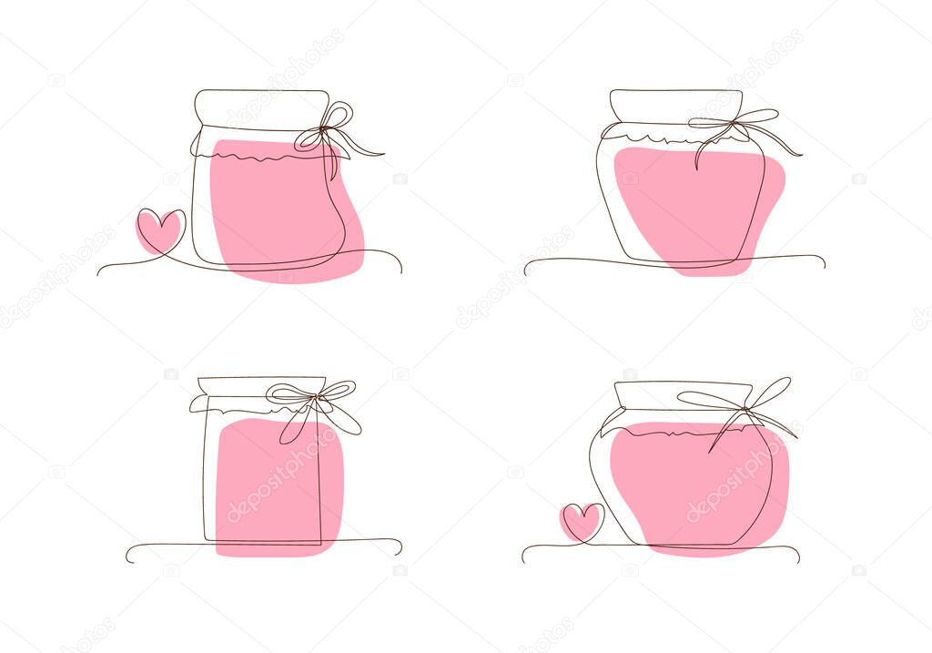 Set line art glass canning jars for jam, autumn and winter preservation. Sketch, doodle, outline style, linear silhouette, one line drawing style. Preserved food, jars with pink spots and hearts.