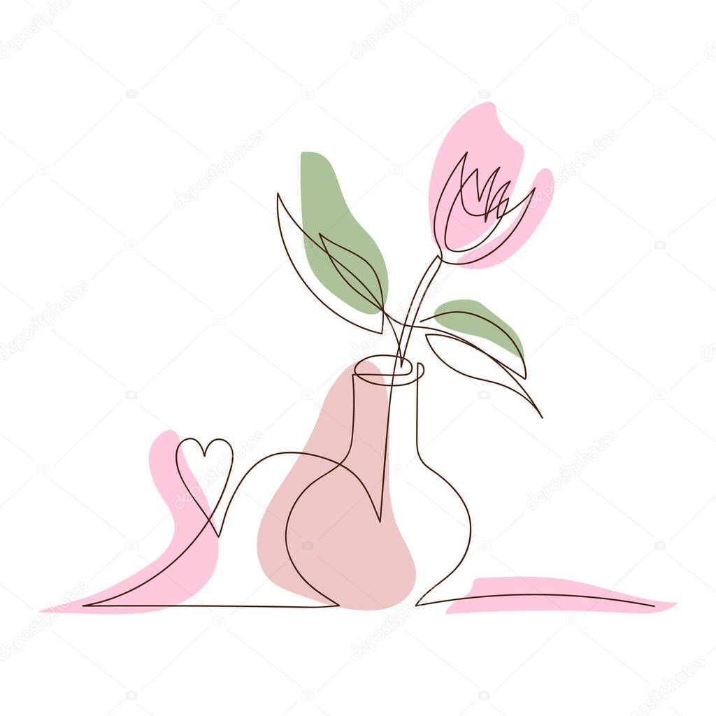 Simple linear tulip in vase, black line with colored spots, doodle style. One flower in a vase with heart line art, outline style, tulip silhouette. Colored simple illustration one line drawing style.