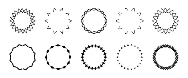 一套简单的黑色几何框架 卷曲圆形框架 几何边框 文本模板 黑色花环 简单的设计元素 圆形的亮点 隔离在白色背景 — 图库矢量图片