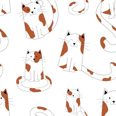 Uzun kuyruklu, benekli kedilerin oturduğu şirin, pürüzsüz bir desen. Kedi resimleri, sevimli hayvanlar. Kırmızı, kahverengi benekli ve siyah çizgili kediler, bebek desenleri, sevimli, benekli kedi yavruları olan çocuk baskısı.