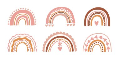 Kalpler ve beneklerle süslenmiş boho tarzı gökkuşağı karalama elementleri. Sevimli, kaprisli ve çocuk dekorasyonu, bebek duşu veya çocuk odası tasarımları için el çizimi vektör grafikleri.