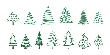 Noel ağacının minimalist çizgisi. Basit ve zarif vektör elementleri tatil kartları, logolar ve mevsimlik dekorasyonlar için mükemmeldir. Aralıksız çizgiler Noel ağacı seti.