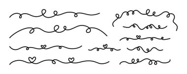 Kıvrımlı çizgilerle tanımlanmış el çizilmiş kalpler. Sevimli, kaprisli ve aşk için romantik vektör unsurları Sevgililer Günü ve dekoratif tasarım. Romantik el çizgilerini kalplerle çiz.