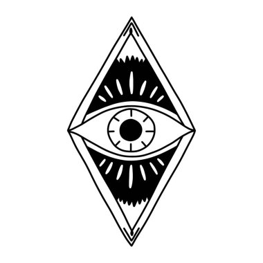 Elmas eşkenar dörtgen şeklindeki Şeytani Göz 'ün ışınlarla çevrili okült vektör illüstrasyonu. Gizemli, bohem ve korunmanın ruhani sembolü. Dövme sanatı veya esrarengiz tasarım için ideal.