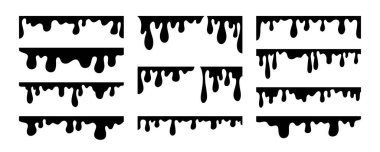Damlayan ve eriyen kenarların siyah siluette toplanması. Dekoratif çerçeveler, Cadılar Bayramı, şeker, boya ya da yapay desenli soyut sanatsal tasarımlar için mükemmel vektör grafik öğeleri.