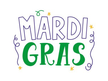 El çizimi MARDI GRAS harfleri. MARDI için mor yazı tipi ve GRAS için yeşil kıvrımlı kalın yazı tipi, karnaval kutlamaları ve parti işaretleri için şenlikli girdaplar ve yıldızlarla süslenmiş.