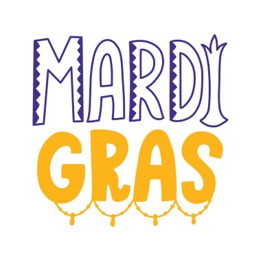 El çizimi MARDI GRAS tipografi tasarımı. MARDI için mor şekilli blok harfler ve GRAS için boncuklu altın renkli mektuplar. Posterler ve davetiyeler için karnaval metni.
