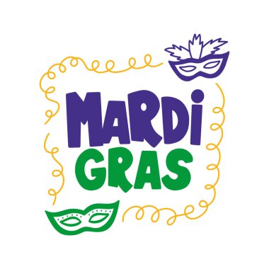 Mor maskeli ve altın kıvrımlı Mardi Gras metin tasarımı. Posterler, sosyal medya ve parti davetiyeleri için canlı karnaval temalı mektuplar. Mardi Gras karnaval maskeli harfleri..