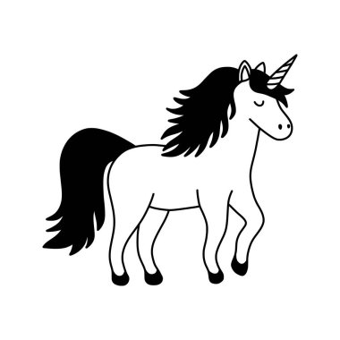 Güzel el çizimi siyah tek boynuzlu at, beyaz arka planda izole edilmiş. Çocuk renkleri, çıkartmaları ya da çocuk dekorasyonu için sihirli bir yaratığın basit doğrusal çizimi.