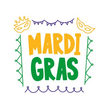 Mardi Gras harfleri renkli elementler, maske, taç ve kiraz kuşu. Geleneksel New Orleans karnaval tasarımı mor, yeşil ve altın rengi..