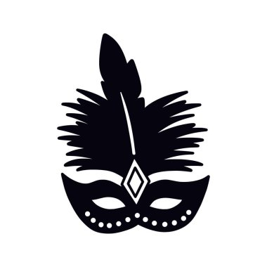 Karnaval maskeli, tüylü ve elmas mücevherli siyah bir siluet. Beyaz zemin üzerinde izole edilmiş zarif festival vektörü Mardi Gras simgesi.