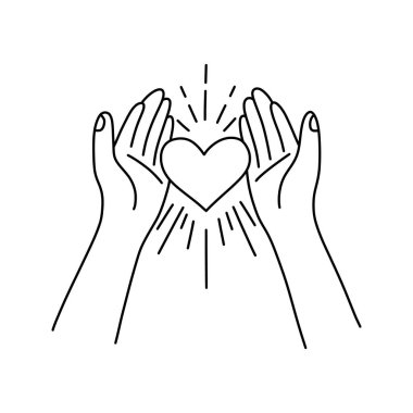 Minimalist çizgiler, açık insan ellerinin güneş ışınlarıyla parlayan kalbi tutmasını gösteriyor. Sevgi, ilgi, umut ve hayırseverliğin sembolü. Beyaz arkaplanda izole edilmiş vektör doğrusal simgesi.