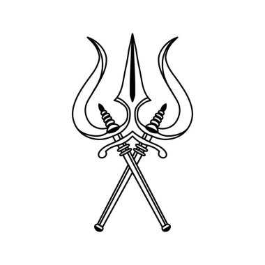 Çapraz siyah trishula illüstrasyonu. Lord Shiva 'nın geleneksel Hindu mızrak sembolü. Yoga, maneviyat ve meditasyon için etnik dini silah ikonu. El çizimi trişula, beyaza izole edilmiş..