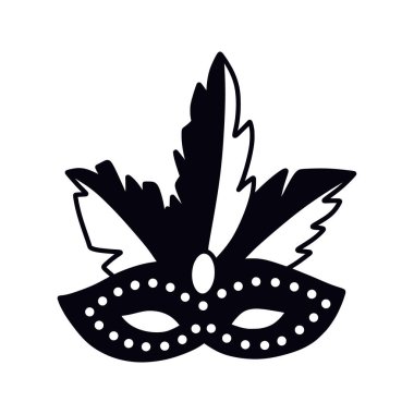 Tüylü siyah karnaval maskesi. Parti davetiyeleri, Mardi Gras posterleri ve şenlik tasarımları için Venedik maskeli vektör illüstrasyonu. Mardi Gras maskeli balosu, beyaz üzerine izole edilmiş..