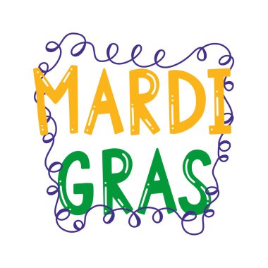 Mor konfeti çerçeveli renkli Mardi Gras el yazısı. Karnaval posterleri için parlak bir tipografi. Mardi Gras karnavalı el yazısıyla yazılmış kıvrımlı harfler..