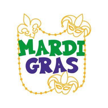 Mardi Gras tipografi tasarımı, neşeli maskeler, fleur-de-lis ve altın boncuklar. Karnaval partisi ya da etkinlik için renkli tatil mektupları. Mardi Gras maskeli boncuklu harflerle süslü..