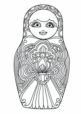 Siyah ve beyaz izole edilmiş Rus matrioshka bebeği. Rus matryoshka el çizimi. Yuvalı bebek vektör çizimi. Renk sayfası.