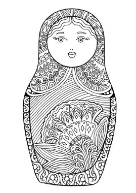 Siyah ve beyaz izole edilmiş Rus matrioshka bebeği. Rus matryoshka el çizimi. Yuvalı bebek vektör çizimi. Renk sayfası.