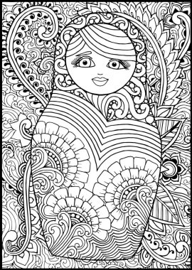 Siyah-beyaz Rus matreshka bebek boyama sayfası, kartpostal, illüstrasyon, kartpostal, tebrik kartı. Rus matryoshka el çizimi. Yuva bebek vektör illüstrasyonu.