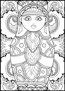 Siyah-beyaz Rus matreshka bebek boyama sayfası, kartpostal, illüstrasyon, kartpostal, tebrik kartı. Rus matryoshka el çizimi. Yuva bebek vektör illüstrasyonu.