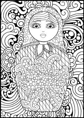 Siyah-beyaz Rus matreshka bebek boyama sayfası, kartpostal, illüstrasyon, kartpostal, tebrik kartı. Rus matryoshka el çizimi. Yuva bebek vektör illüstrasyonu.