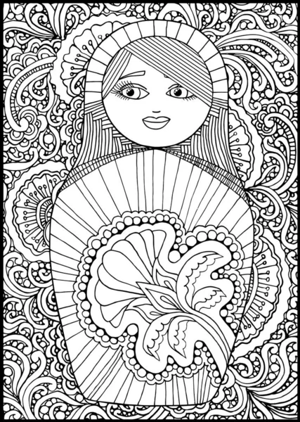 Schwarz Weiß Russische Matreschka Puppe Malseite Postkarte Illustration Postkarte Grußkarte — Stockvektor