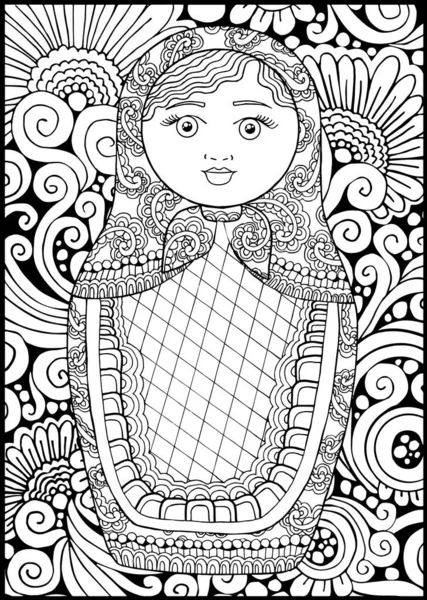 Schwarz Weiß Russische Matreschka Puppe Malseite Postkarte Illustration Postkarte Grußkarte — Stockvektor